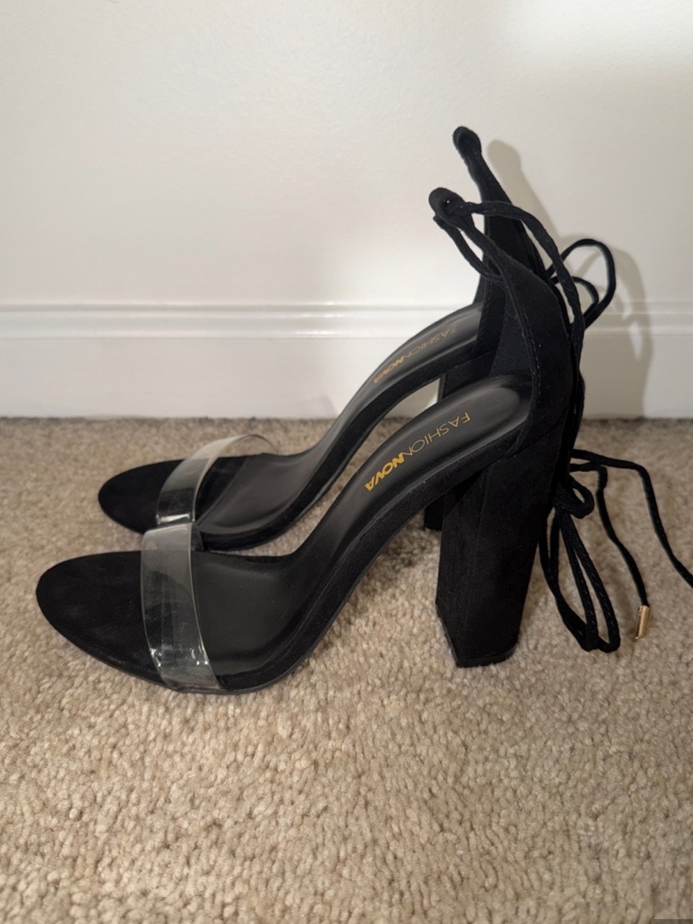 Fashion Nova Black Lace-Up Heels with Clear Toe Strap